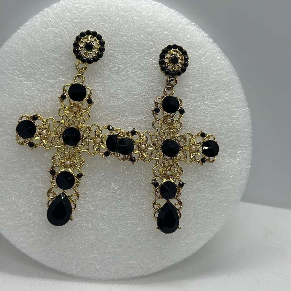 Statement Black & Gold Cross Earrings - Gothic, Victorian, Elegant 3.5" Drop - Picture 10 of 11